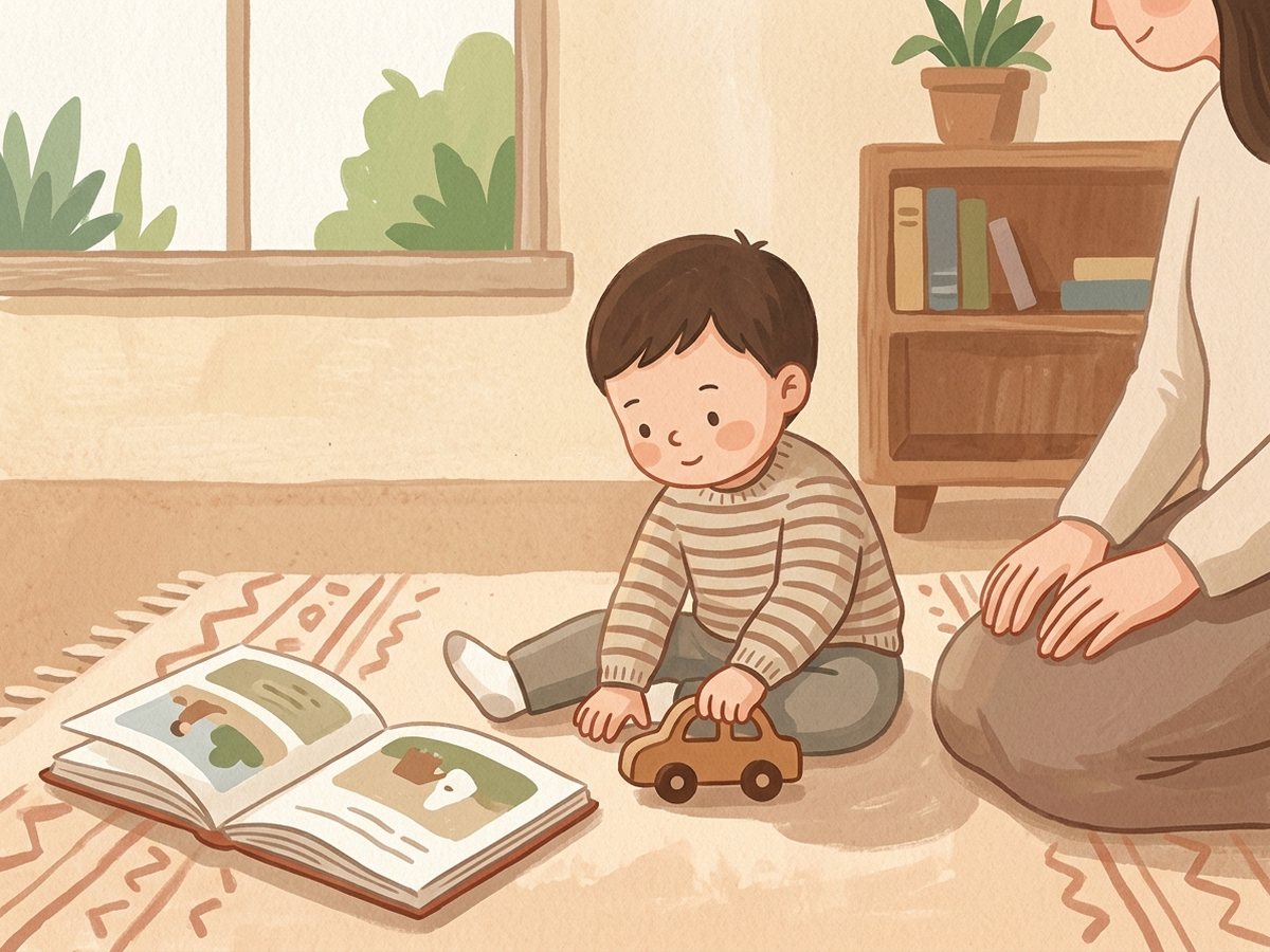 Ребёнок отвернулся от книги и играет с машинкой на полу, книга лежит рядом